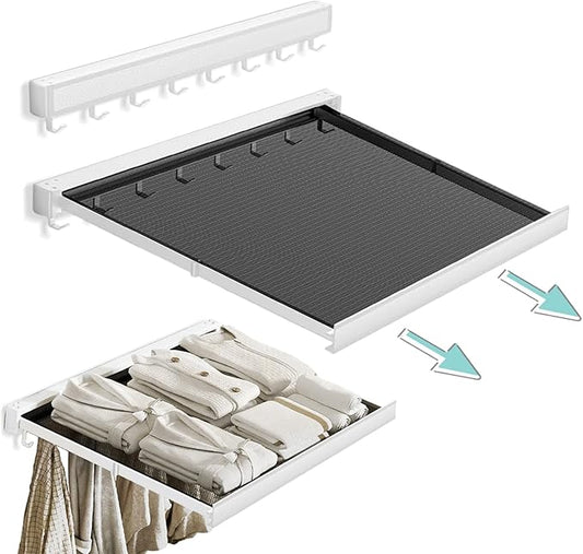 LETINE Wall Mounted Drying Rack: Retractable Indoor Clothes Drying Rack – Aluminum Alloy Frame w/Soft Mesh Surface. Laundry Rack & Temp Shelf for Balcony, Bathroom, Kitchen. with 6 Hooks (White, M)
