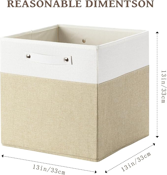 FinishingBo 13 x 13 Inch Fine Linen Storage Bins with Handles，Fabric Cube Boxs，Basket Organizers for Shelves for Home, Closet Drawers (White/Khaki-6 Pack)
