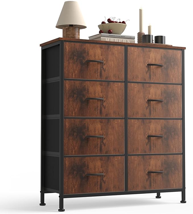 Sweetcrispy Dresser for Bedroom with 8 Storage Drawers, Large Fabric Storage Tower Organizer, Chest of Drawers with Metal Frame Wooden Top for Closet, Living Room, Entryway, Tank
