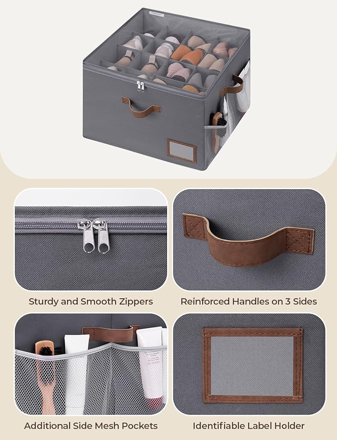 StorageWorks Shoe Organizer for Closet, Fabric Shoe Storage Boxes for Slippers and Sandals, Stackable Shoe Bins for Closet with Side Mesh Pockets, Holds Up to 16 Pairs, Gray