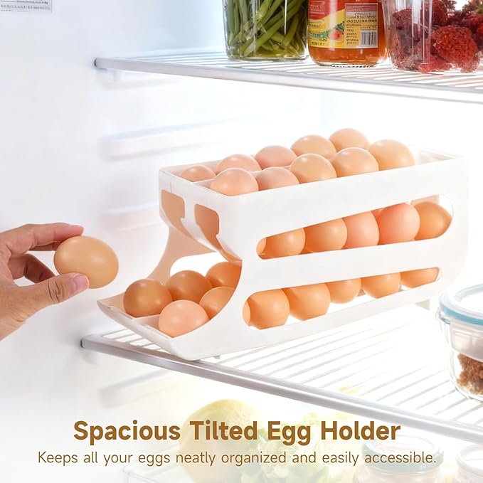 Egg Holder for Fridge, Automatic Rolling Egg Dispenser, Tilted Egg Storage Rack, 3-Tier Auto-Rolling Slope Egg Organizer, Holds about 40 Eggs, Space-saving Egg Storage for Refrigerator, Countertop