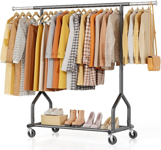 EAGMAK Heavy Duty Clothes Rack Load 424 LBS, Rolling Clothing Rack With Shelves, Adjustable Metal Clothes Hanger with Wheels, Portable Wardrobe Organizer Garment Rod for Hanging Clothes (Black)