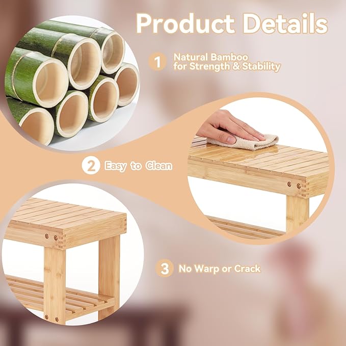 Sweetcrispy Shoe Rack Bench, 3-Tier Bamboo Entryway Storage Organizer, 286lb Capacity, Shoes Stand for FrontDoor Entrance, Bedroom, Living Room, Bathroom, Balcony, 19 Inches Length, Wood