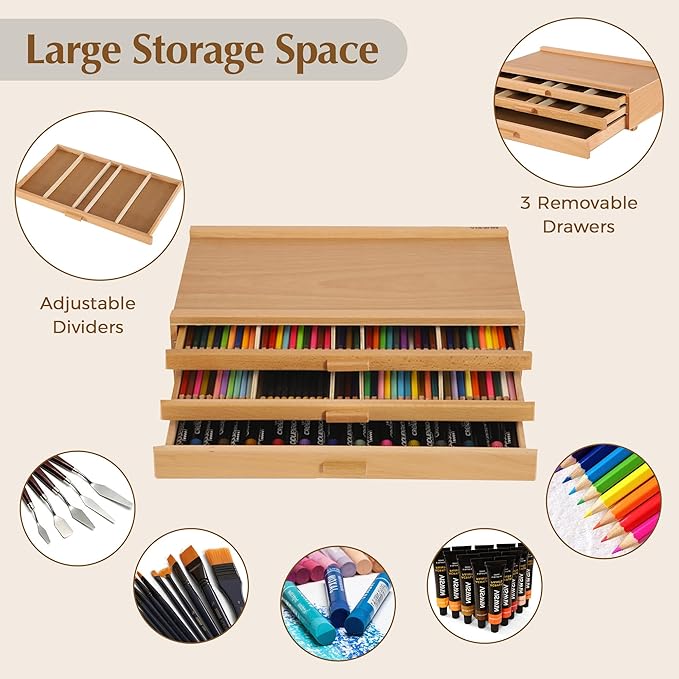 VISWIN Upgraded 3-Drawer Wood Artist Supply Storage Box with Removable Dividers, Premium Beech Wood Art Storage Box, Portable Organizer Box for Paints, Pastels, Pencils, Brushes and Art Supplies