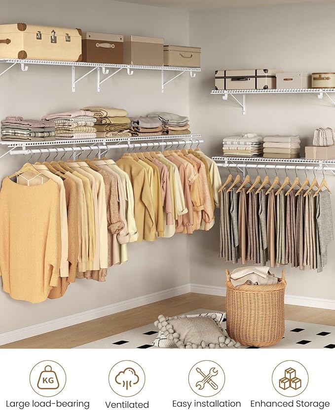 Supforce 2 Pack Closet Shelves with Triangular Brackets and Hanging Rod, 4FT X 12IN Wall Mounted Wire Shelving Orgnizer for Closet,Laundry Room,Pantry,Load Up to 150lb, White