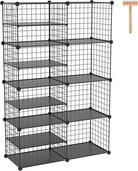 C&AHOME Wire Cube Storage Unit, Interlocking Metal Wire Organizer with Divider Design, Modular Cabinet with Plastic Panels, Bookshelf Stackable Closet Organizer with Small Hooks, Black UWCSIM08B
