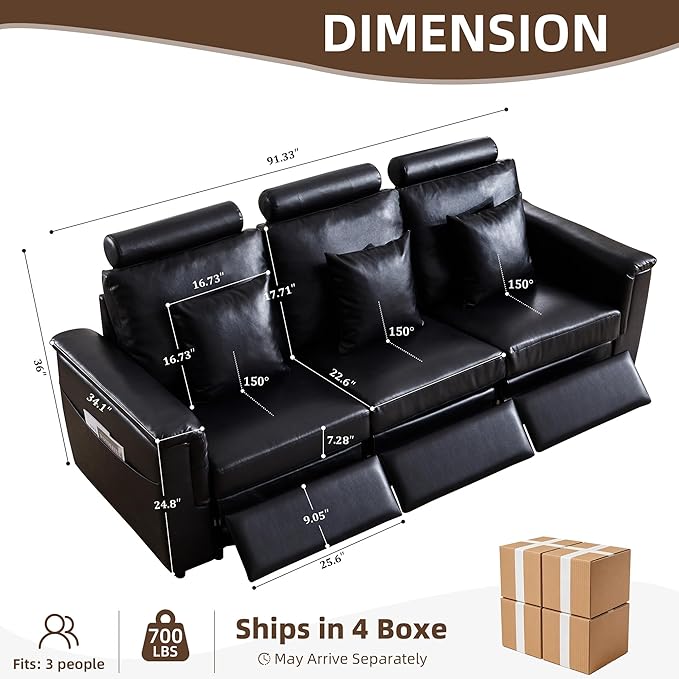 LEVNARY 3-Seater Modular Reclining Sofa, Upholstered Faux Leather Power Recliner Couch with 3 Electric Seats, 3 Pillows & Side Pockets, Adjustable Back & Footrest, Living Room Furniture (Black)