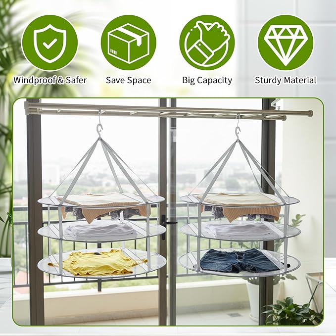4 Pack 3-Tier Folding Mesh Clothes Hanging Dryer, Large Laundry Drying Rack Sweater Drying Rack with Fixing Band Lay Flat Dry Hanger for Laundry Indoor T-Shirt Swimsuit Sweater Underwear
