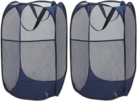 Larpur Popup Mesh Laundry Basket, Collapsible and Portable Clothes Washing Laundry Hamper with Reinforced Carry Handle (Blue*2)