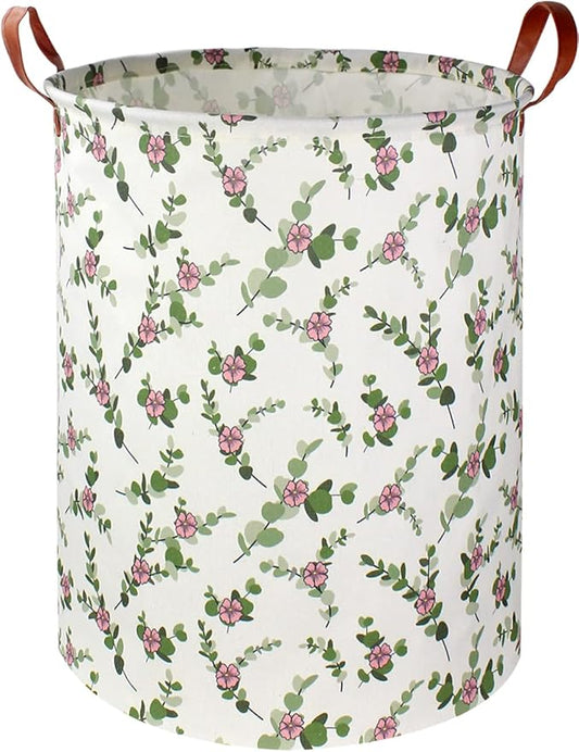 NTAOHAMPER Large Round Canvas Linen Laundry Hamper,Waterproof Storage Bin for Books/Clothes, Laundry Basket, Gift Basket(Eucalyptus leaves)