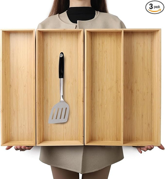 BAMOTTO CRAFTBAMBOO V-Shaped 3-Pack 19.6" Long Bamboo Drawer Organizer Box - Easy Reach Cutlery Tray for Flatware Silverware Utensil, Kitchen & Home Use (19.6"x5.7"/19.6"x7.8"/19.6"x12.4")