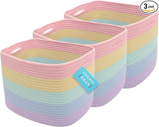 OrganiHaus Set of 3 Pastel Rainbow Baskets - Colorful Woven Storage Baskets for Playroom, Nursery & Classroom Decor, Toy Storage, 15x9x10