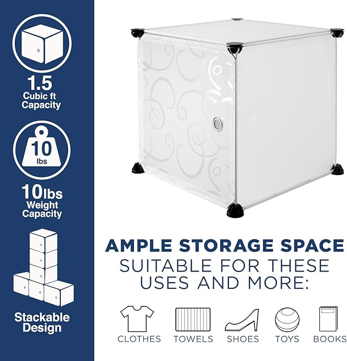 Work-It! Cube Storage Organizer - 12 Cubes | Stackable Portable Closet Organizer Shelves, Modular Cabinet with Doors and Hammer, Translucent White, 56" W x 42" H x 14" D