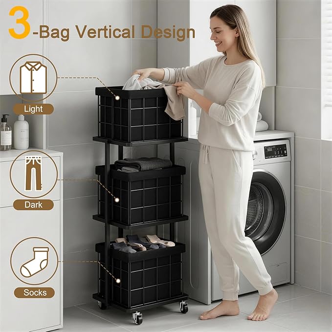 120L Vertical Rolling Laundry Hamper with Removable Bags, 3 Section Laundry Basket with Wheels, Slim Tall 3 Tier Laundry Sorter for Small Spaces, Dorm, Laundry Room, Bathroom, Closet, Black