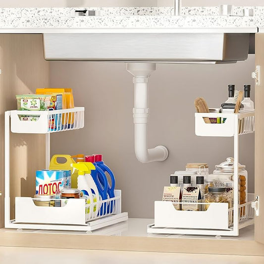 Ceetug Under Kitchen Sink Organizers and Storage Pull Out 2 Tier Metal Bathroom Cabinet Organizer (White, 2 Pack)