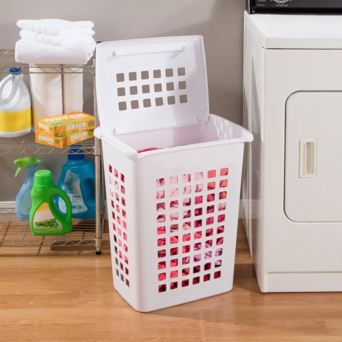 Sterilite Rectangular LiftTop Laundry Hamper with Lid, Handles to Easily Carry Clothes Between the Laundry Room and Bedroom, Plastic, White, 12-Pack