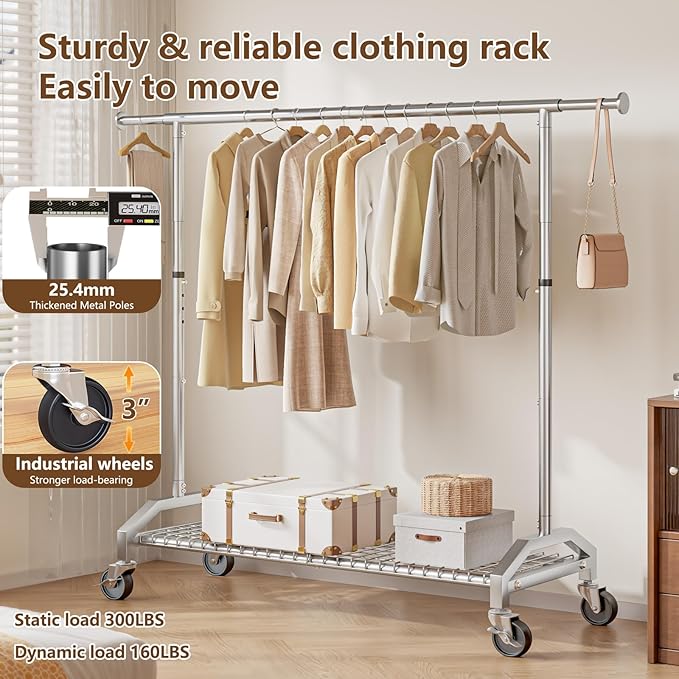 Wiracks Clothes Rack Clothing Rack for Hanging Clothes 350lbs Heavy Duty Coat Rack 51 to 71" W x 16.53" D x 65" to 71" H Adjustable Rolling Clothes Rack Garment Rack 3" industrial Wheels