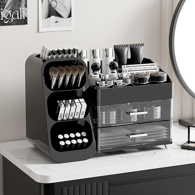 Booklov Makeup Organizer for Vanity, Large Capacity Cosmetic Display Case with Drawers, Countertop Beauty Storage Holder for Skincare, Brush Eyeliner Perfume Eyeshadow Lipsticks, Counter Desk, Black
