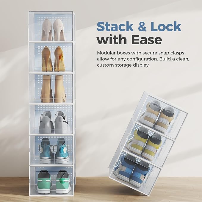 DUMOS Shoe Storage Boxes, 15 Pack Stackable Clear Shoe Containers with Lids, Display Sneaker Case Organizer for Closet, Under Bed, Entryway,White (Fit Size 11)