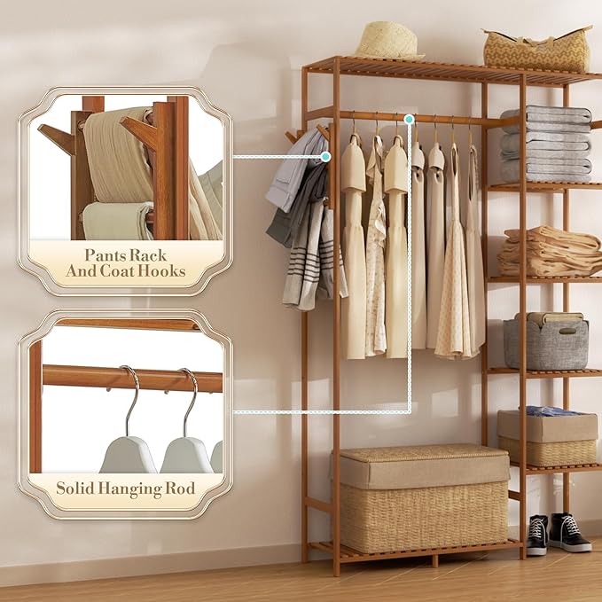 Athena Collection 35" Bamboo Garment Rack Multi Tier Clothes Rack Storage Shelves with Side Hooks & Pants Rack, Heavy Duty Clothing Hanging Rack Freestanding Indoor Wardrobe Closet Organizer, Brown