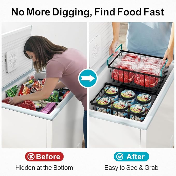 iSPECLE Freezer Organizer Bins - 4 Pack Stackable Deep Freezer Organizer Bins for 5 Cu.Ft Chest Freezer Sort Frozen Food, Heavy Duty Metal Storage Bins with Handles, Easy Access without Digging