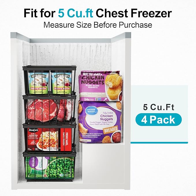 iSPECLE Deep Freezer Organizer, 8 Pack Wire Baskets for 5 Cu.Ft Chest Freezer & Upright Freezers (Over 8.5 Cu.Ft), 14" x 9.4" Stackable Heavy Duty Storage Bins Easy Access to Sort Meat, Black