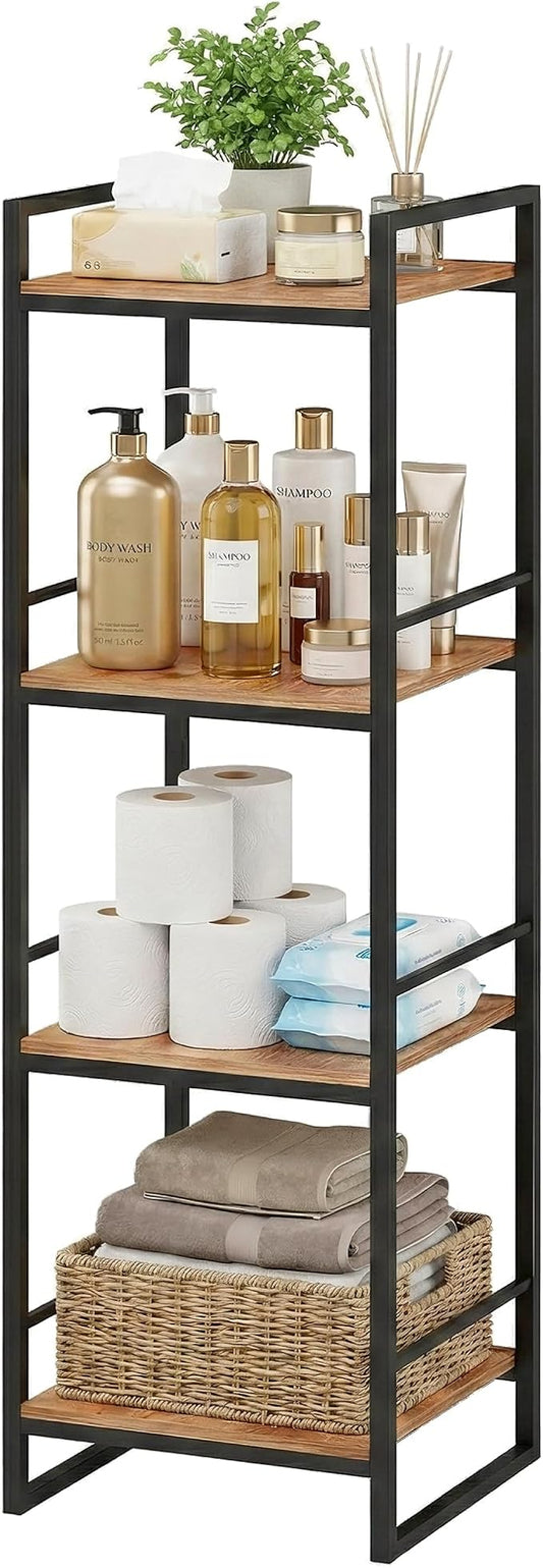 BYFU 4 Tier Bathroom Storage Open Shelf, Freestanding Metal Corner Storage Rack Shelving Unit for Bathroom Kitchen Living Room Hallway, Rustic Brown