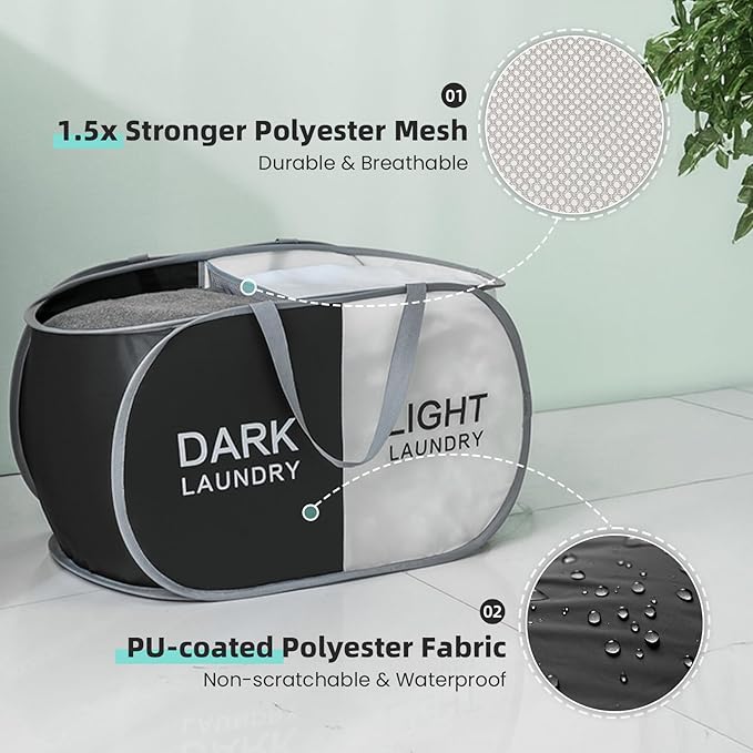 Collapsible Laundry Basket Durable Pop Up Hamper with 2 Compartments for Sort and Storage, Portable Dirty Clothes Hamper for Dorm, Laundry Room or Travel (Black + Begie)