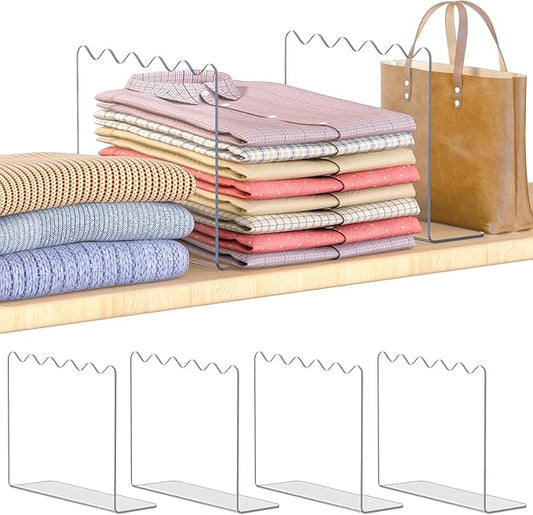 OKPOW Acrylic Shelf Dividers for Closet Organization - 10" Tall X 12" Deep Easy Installation Clothes Purses Organizer - Space-Saving Adjustable & Sturdy Clear Dividers for Wood Cabinet Shelves, 4 Pack