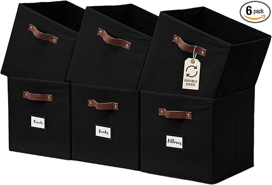 DECOMOMO Storage Bins, Cube Storage Bin with Labels, Fabric Storage Cubes for Shelves (10.5" x 11" / 6pcs, Black)