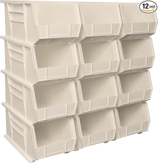 Akro-Mils 30240 AkroBins Plastic Storage Bins, Space-Saving Stackable Bins for Garage, Pantry, Craft Organization, 15" x 8" x 7", Stone, 12-Pack