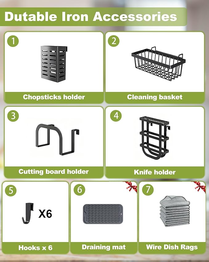 Over The Sink Dish Drying Rack with Cover 2 - Tier Large Dish Drainer Racks for Kitchen Counter Space Saving Sink Storage Organizer for Dishes, Glasses, Bowls & Cutlery Black