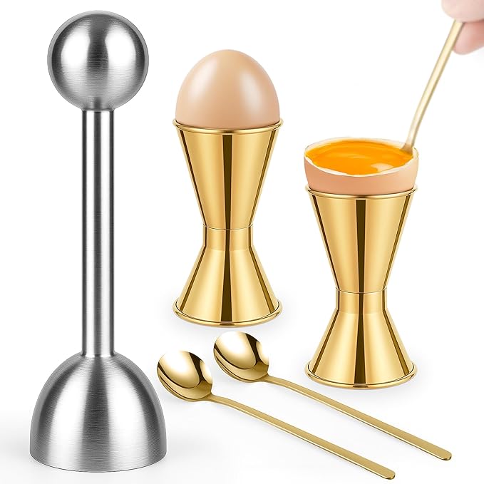 Egg Cups For Soft Boiled Eggs Set Of 5 - Includes 1 Stainless Steel Egg Cutter & 2 Egg Spoons & 2 Soft Boiled Egg Holder, Effortless & Precise Cracking - For Breakfast, Afternoon Tea, Parties