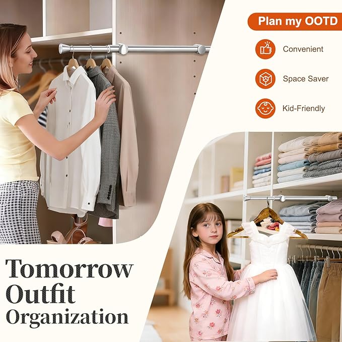 1Pcs Valet Rod for Closet Pull Out, Adjustable Heavy Duty Closet Valet Rod, Metal Stainless Steel Closet Rods for Hanging Clothes, Scarf, Pants, Silver