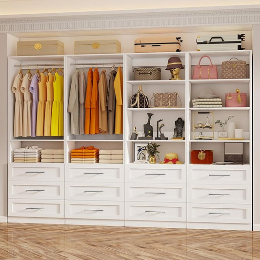 Closet System with 12 Wooden Drawers, 10 Shelves & 6 Hanging Rods, 8–21 ft Adjustable Closet Organizer System, 2800 lbs+ Walk-In Closet System, Modular Custom Closet Kit, White(Set of 4)
