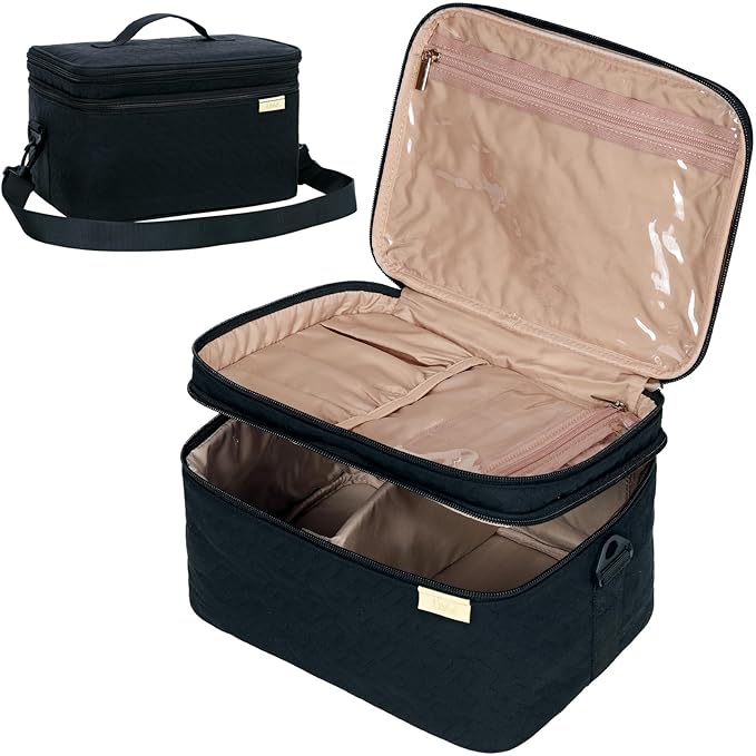 NISHEL Extra Large Double Layer Travel Makeup Bag Women, Cosmetic Organizer Case, Essentials Accessories with Shoulder Strap for Bottles, Brushes, Conditioner, Skin Care Products, Black