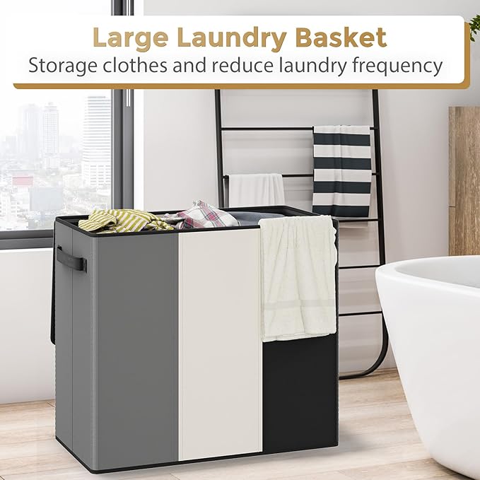 Optish 180L Laundry Hamper 3 Section, Large Laundry Basket with Lid, Laundry Basket Organizer with Handles, Divided Laundry Baskets, Clothes Hampers for Laundry, Bedroom, Bathroom