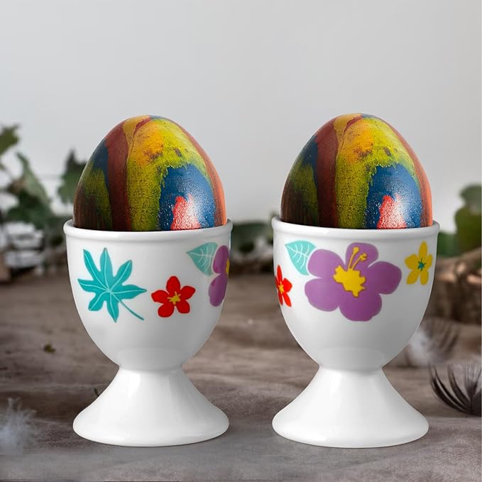 Cinf Ceramic Egg Cups Easter Gift Set of 2 Porcelain Holder Breakfast Boiled Cooking Easy to Clean Childhood Memories Kitchen(Hawaii Flower)