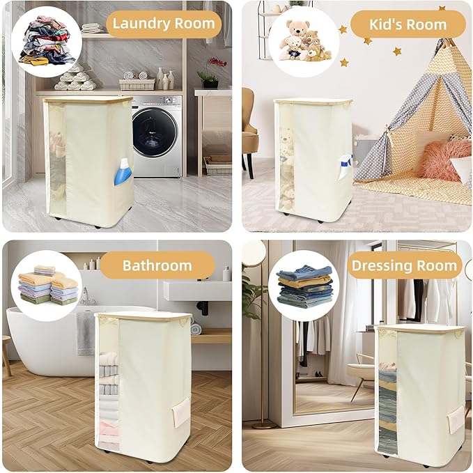 Rolling Laundry Hamper with Lid & Wheels, 110L Slim Double White Laundry Hamper 2 Section, Narrow Large Laundrys Hampers with Removable Bags&Breathable Mesh, Dirty Clothes Hampers for Bedroom