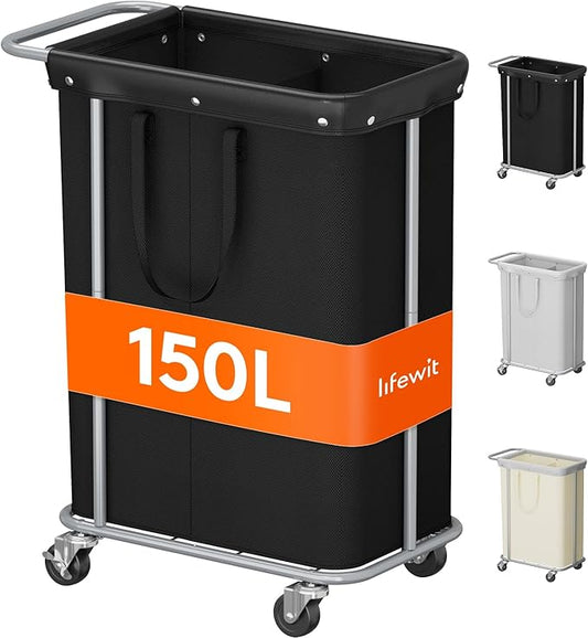 Lifewit 150L Large Laundry Basket with Wheels, Tall 2 Section Laundry Hamper Organizer, Rolling Laundry Cart with Steel Frame & Removable Bag for Luandry Room Bathroom Bedroom, Black