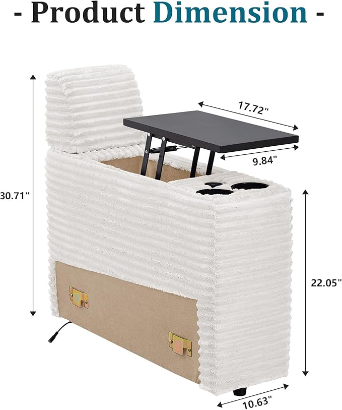 LEVNARY Modular Lift-Top Console with USB Charging and Cup Holders, Center Storage Module for Modular Reclining Sofa (White)