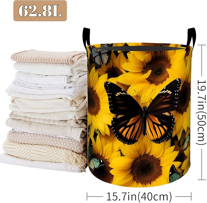 Sunflower Laundry Basket, Butterfly Print Foldable Oxford Cloth, Waterproof Dirty Clothes Hamper with Handles, Clothing Storage Bucket Toy Organizer for Bathroom Bedroom Dorm, 19.7"x15.7"