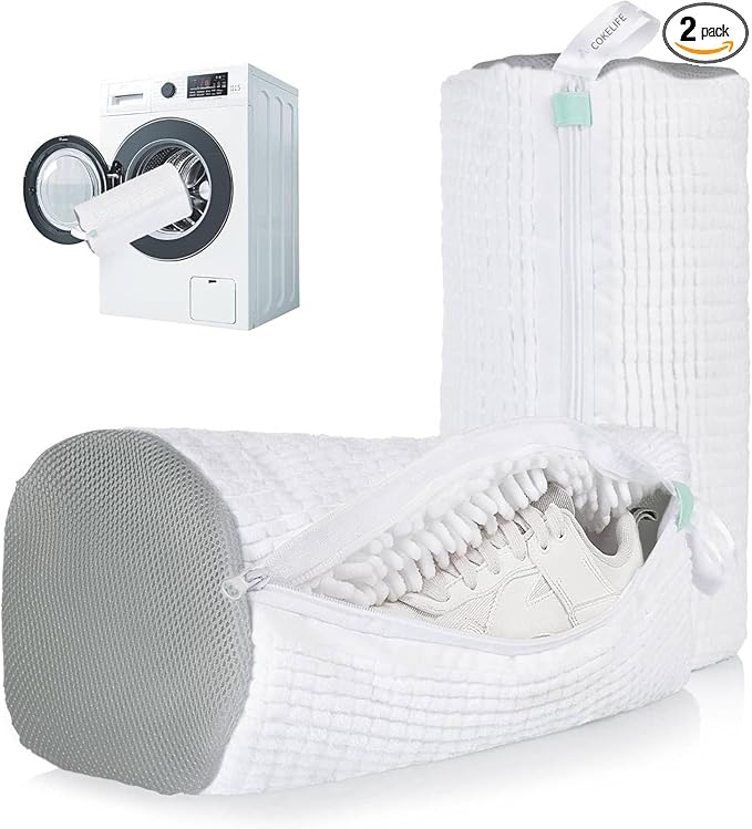 Shoe Washing Machine Bag for Cleaning, 2 Pack 360°Protect Sneaker Laundry Bag for Shoes Reusable Durable Fibers Adjustable Washer Bag with Zipper for Tennis Gym Sneakers Shoe Dryer (White)