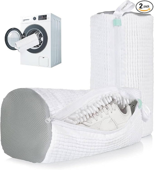 Shoe Washing Machine Bag for Cleaning, 2 Pack 360°Protect Sneaker Laundry Bag for Shoes Reusable Durable Fibers Adjustable Washer Bag with Zipper for Tennis Gym Sneakers Shoe Dryer (White)