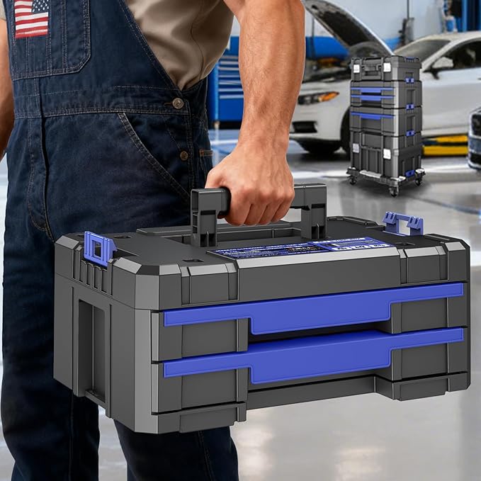 18 Inch Tool Box with Double Drawers | AIRAJ Stackable Modular Tool Organizer Box Storage System | Garage Storage | Home Repair | Professional Use | (SC1-B)