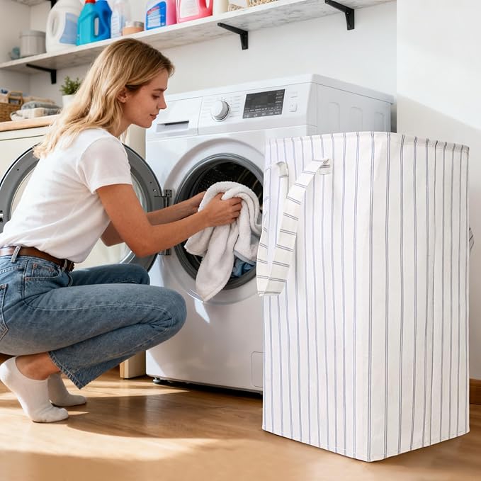 Laundry Hamper Collapsible Laundry Baskets, Freestanding Waterproof Clothes Hamper with Reinforced Handles in Laundry Room Bedroom Bathroom College Dorm for Adults, Blue 11.8"×15.7"×23.6"