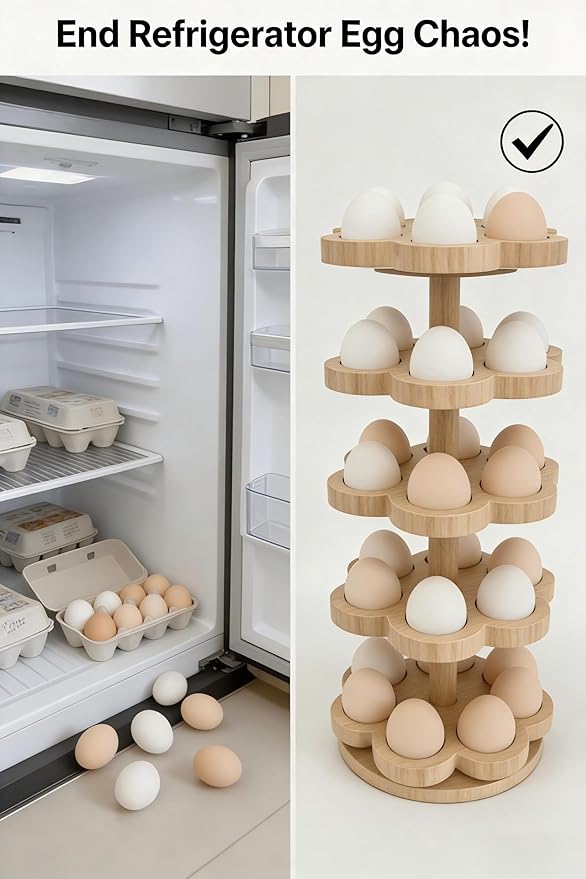 Wooden Egg Holder Countertop 360° Rotating, Egg Rack for 30 Eggs, Spiral Egg Storage Organizer for Kitchen Counter, Farmhouse Fresh Chicken Egg Dispenser for Home, Family (Wood)