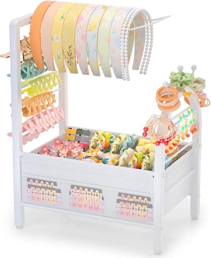 Headband Holder Organizer for Girls and Women - Versatile Hair Accessory Organizer for Dresser, Decorative Headband Storage Stand Rack for Scrunchies, Hair Ties, Claw Clip, Bow & Earrings (White)