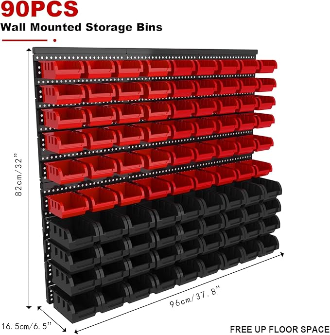 Wall Mounted Storage Bins, Nut and Bolt Organizer, Plastic Bolt Bin, Screw Organizer, Storage Bins for Garage (RED+BLACK, EXTRA LARGE(90PCS))