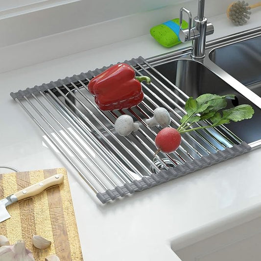 CHIRISEN Expandable Large Roll Up Dish Drying Rack, Foldable Over The Sink Dish Drying Rack, Rolling Dish Drainer Stainless Steel Roll Rack for Kitchen Sink Counter (Gray, 21.25x12.79in)